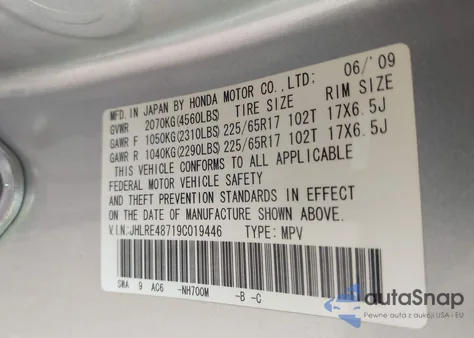 2009 Honda Cr-V Exl z USA, uszkodzony, nr VIN JHLRE48719C019446